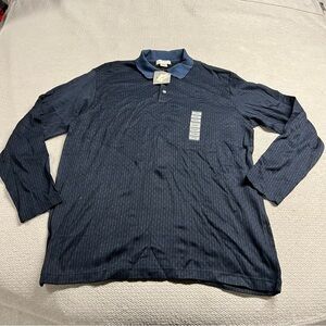 Alfani Navy Blue Long Sleeve 100% Cotton Vintage Striped Polo Shirt Size Large